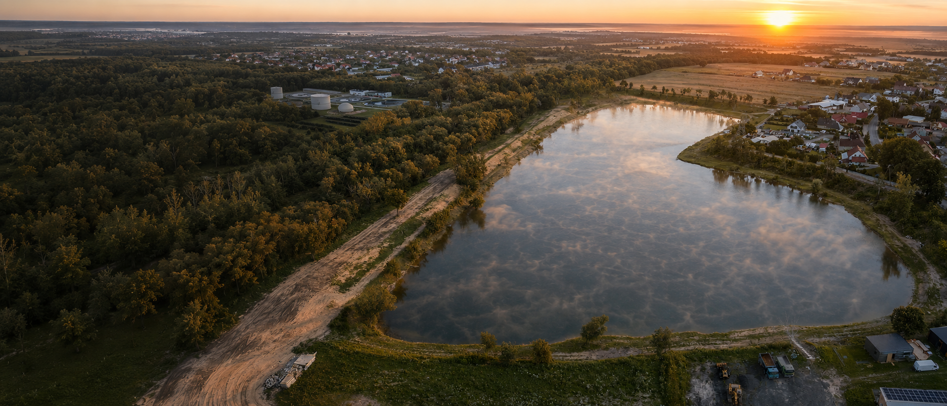 Staw otoczony zielenią o zachodzie słońca, widok z lotu ptaka